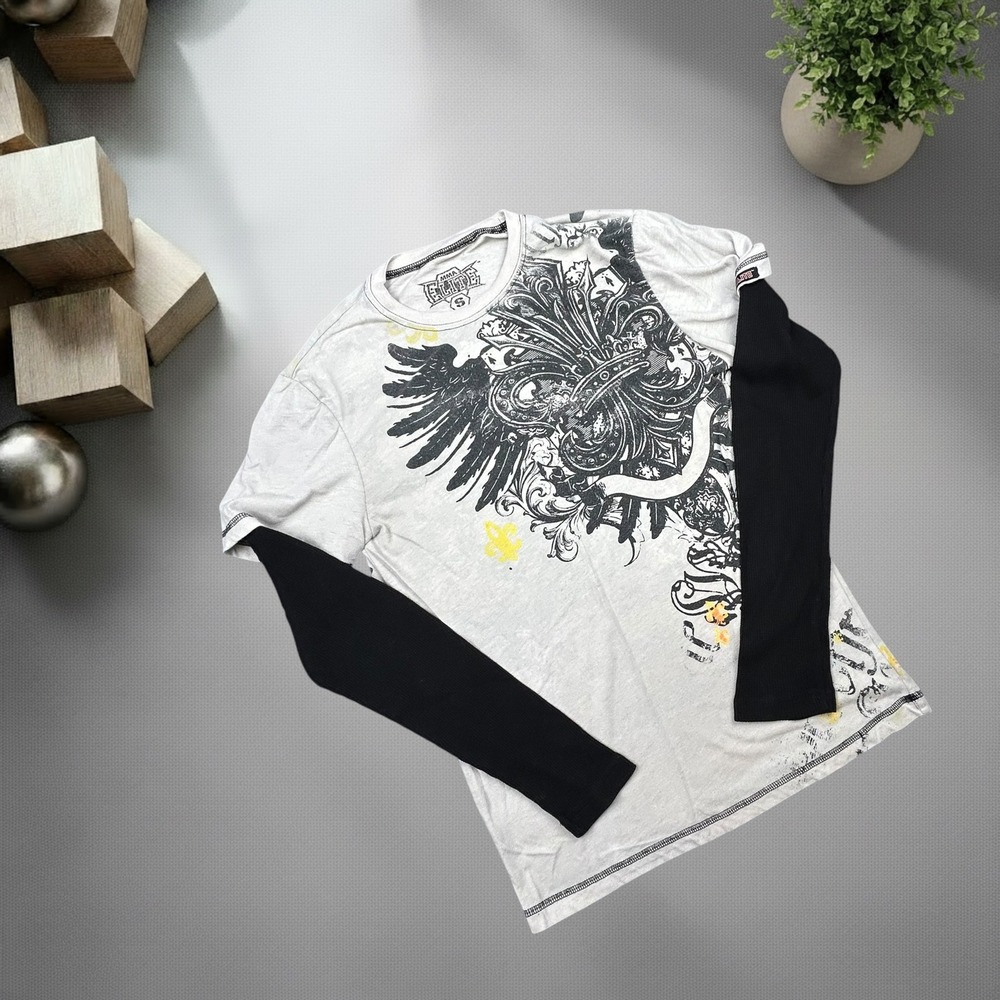 MMA Elite Mens Small Long Sleeve Shirt Graphic Grunge Y2K Double Sleeve White